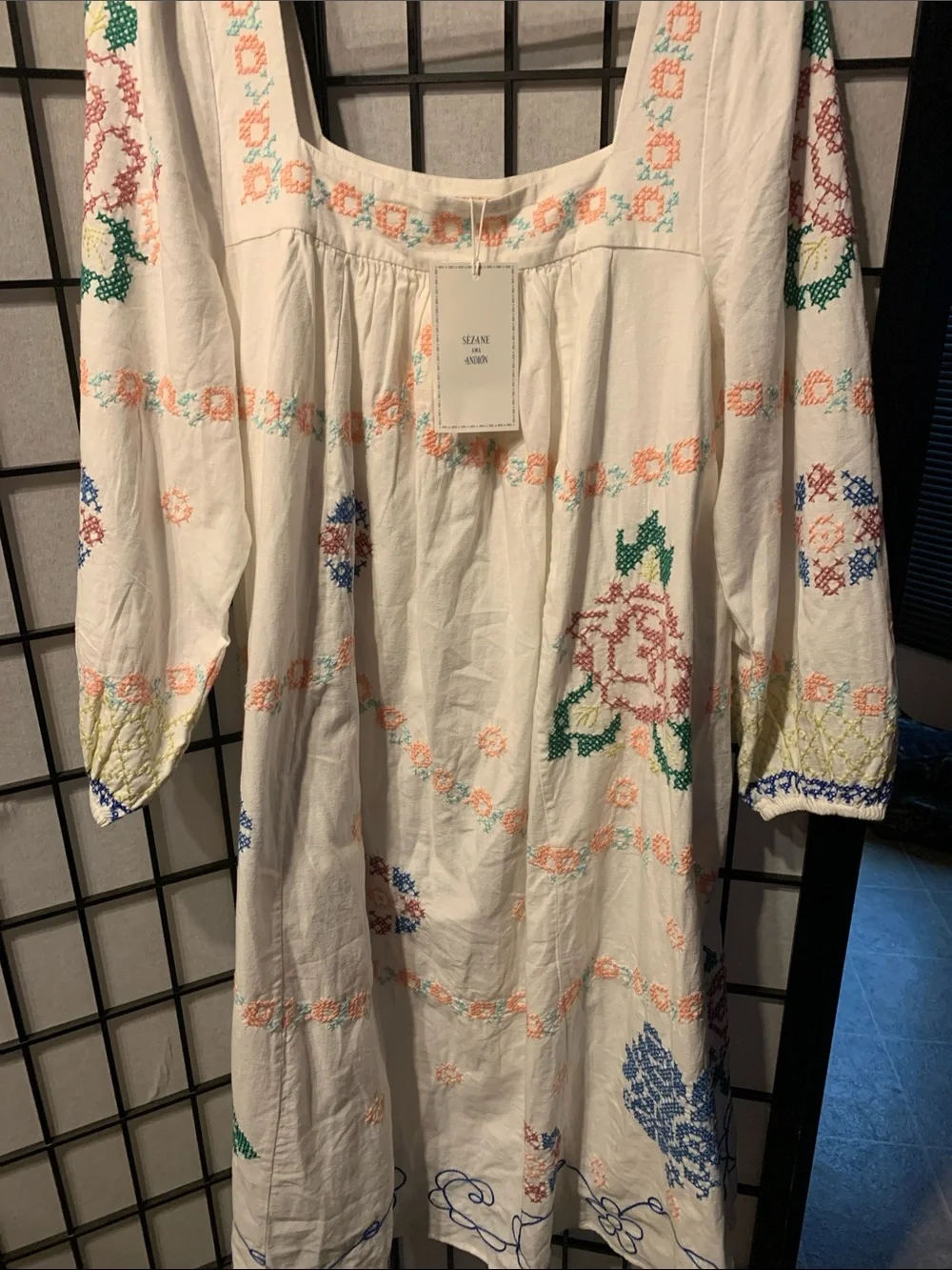 Boho Embroidered White Cotton Maxi Dress with Multicolor Floral Accents Size 8 - Picture 8 of 10
